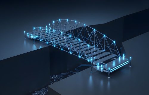 Change Management: A digital bridge being constructed over a gap, symbolizing the transition and adaptation in organizational change management.